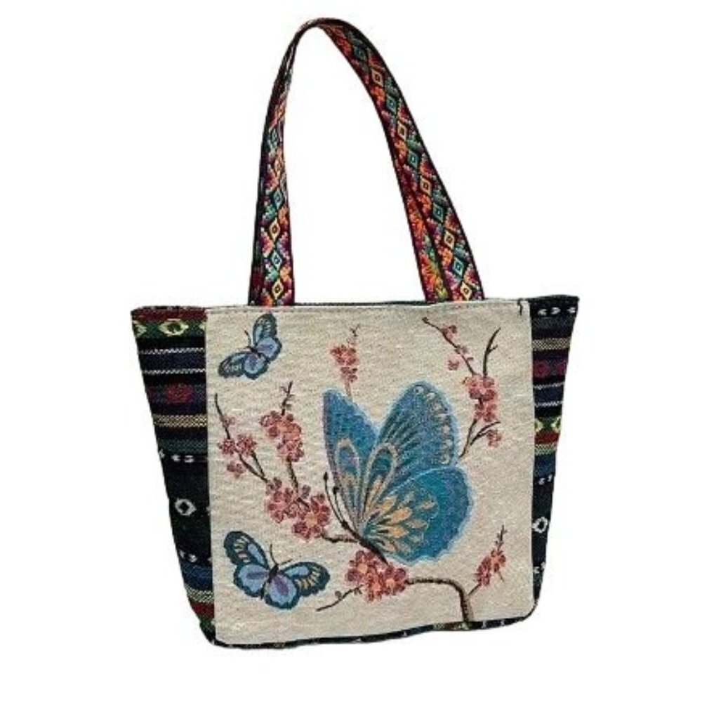 Butterfly Bag Embroidered Sides Bottom and Vibrant Double Handles